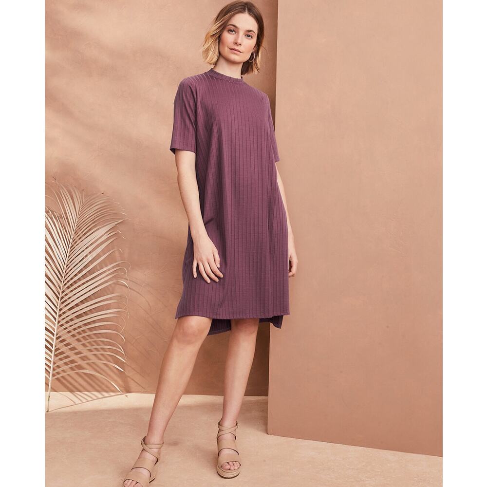 Eileen Fisher Tencel Wide Rib Stretch Mock Neck shift Dress L Purple Minimalist